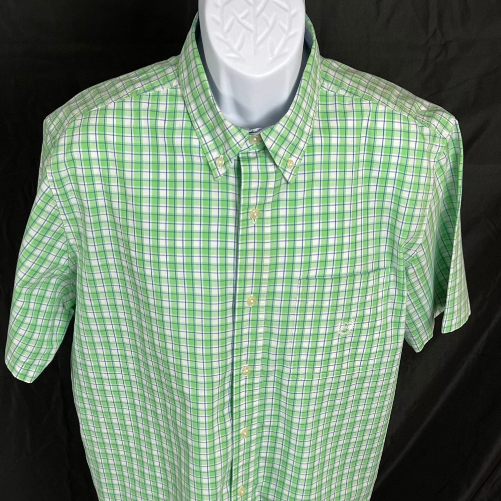 Men's Chaps, Large Short-sleeve Green Checked Plaid Button Down Shirt